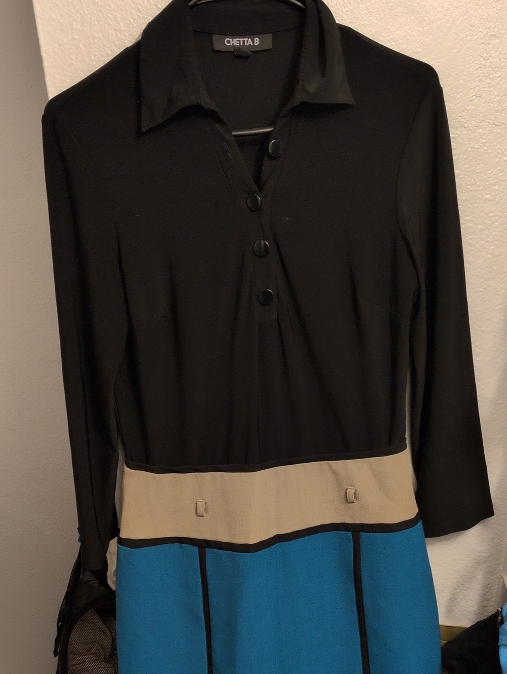 Chetta B Black, Cream & Blue Button Polo Colorblock Top